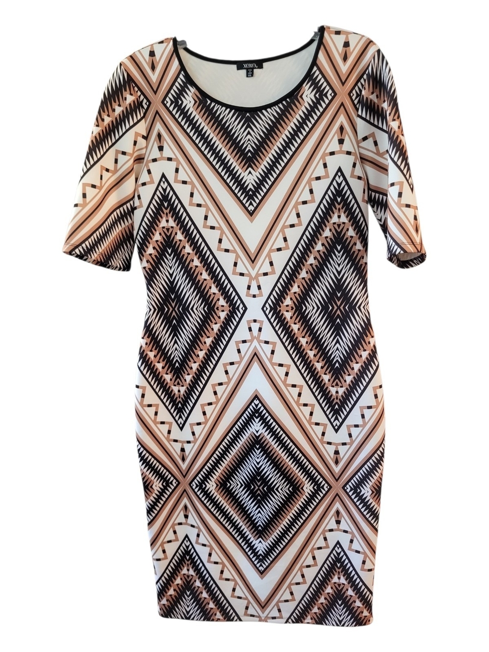 XOXO Geometric Print Midi Sheath Dress in Beige, Black and White - Size XXL